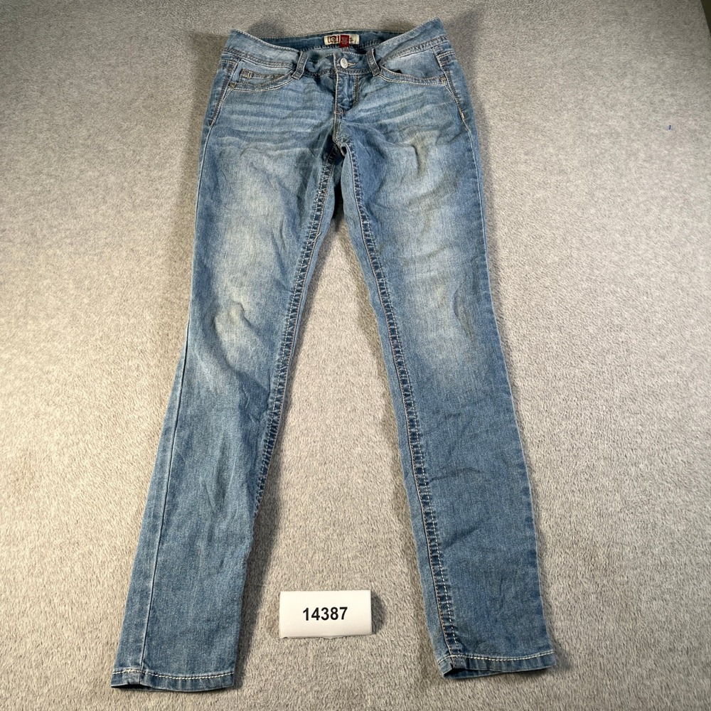 Lei Skinny Leg Jeans Womens 3 Blue Denim Ramie Low Rise Embroidered Rhinestones